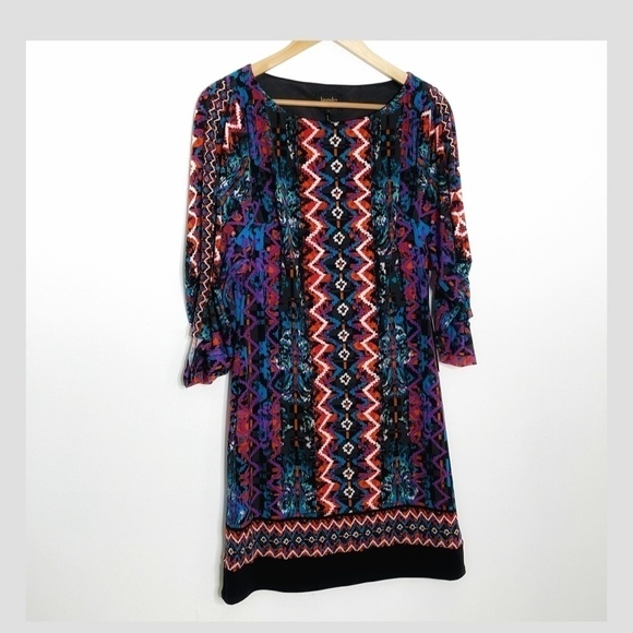 NWT Laundry Shift Dress Blue Jewel Multi Print Ruched 3/4 Sleeves Size 4 - Picture 2 of 10